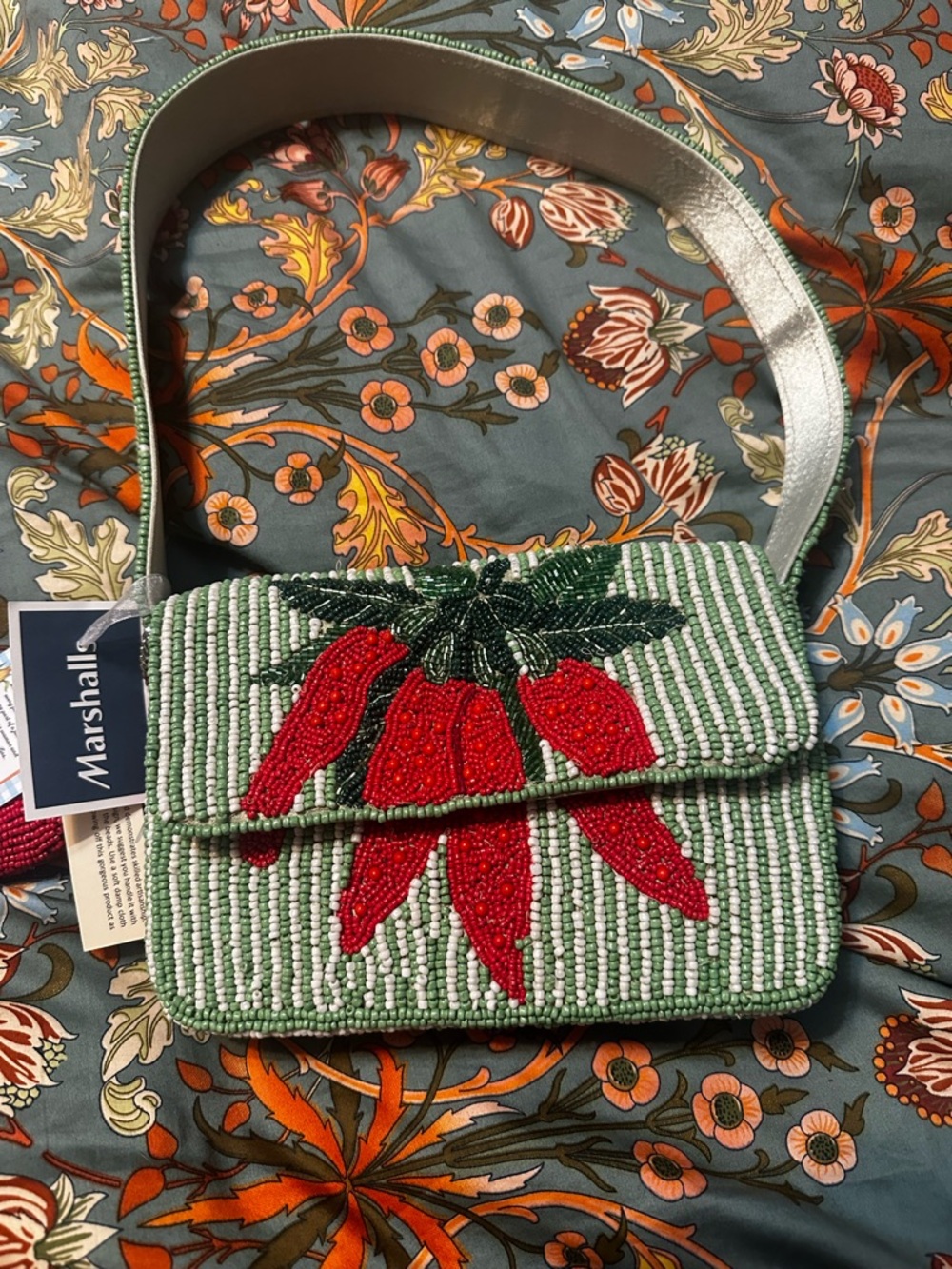 Colorful Green and white striped beaded bag with Red Pepper details